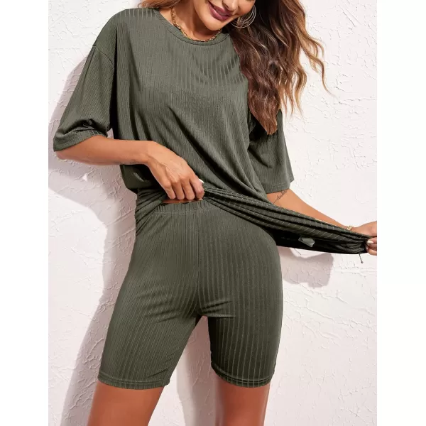 Ekouaer Pajamas 2 Piece Lounge Sets Ribbed Knit Matching Outfits Tshirt Biker Shorts Sleepwear SweatsuitsRegularampPlusShort Sleeve Army Greensolid