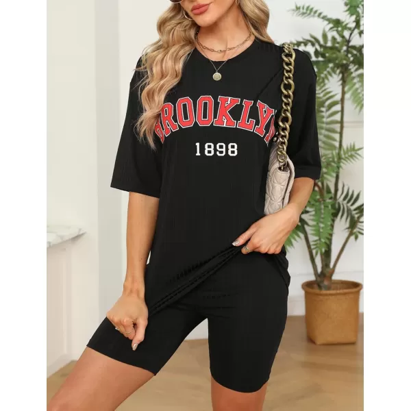 Ekouaer Pajamas 2 Piece Lounge Sets Ribbed Knit Matching Outfits Tshirt Biker Shorts Sleepwear SweatsuitsRegularampPlusShort Sleeve Black Print