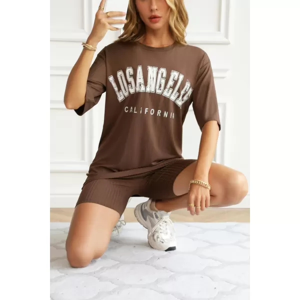 Ekouaer Pajamas 2 Piece Lounge Sets Ribbed Knit Matching Outfits Tshirt Biker Shorts Sleepwear SweatsuitsRegularampPlusShort Sleeve Brown Print