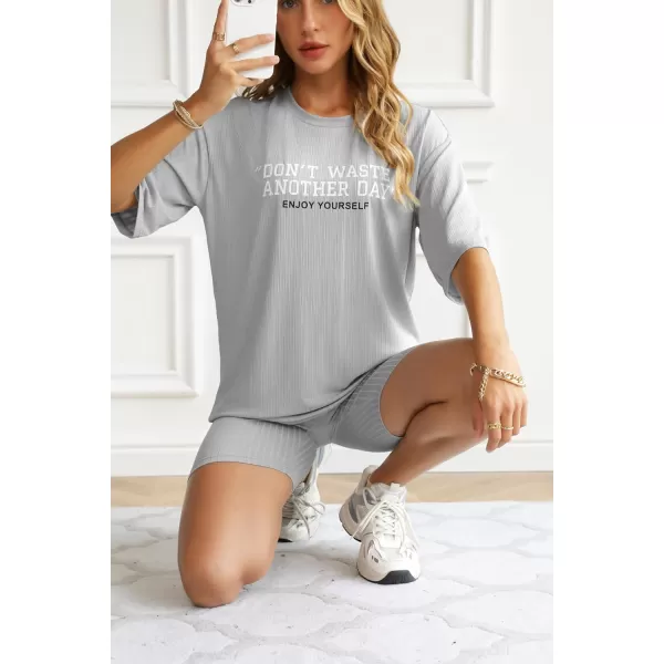 Ekouaer Pajamas 2 Piece Lounge Sets Ribbed Knit Matching Outfits Tshirt Biker Shorts Sleepwear SweatsuitsRegularampPlusShort Sleeve Light Grey Print