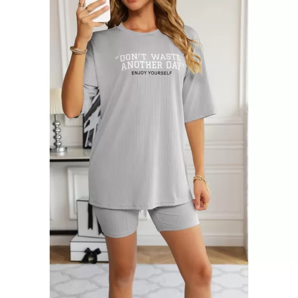 Ekouaer Pajamas 2 Piece Lounge Sets Ribbed Knit Matching Outfits Tshirt Biker Shorts Sleepwear SweatsuitsRegularampPlusShort Sleeve Light Grey Print