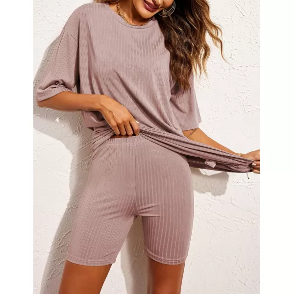 Ekouaer Pajamas 2 Piece Lounge Sets Ribbed Knit Matching Outfits Tshirt Biker Shorts Sleepwear SweatsuitsRegularampPlusShort Sleeve Pinksolid