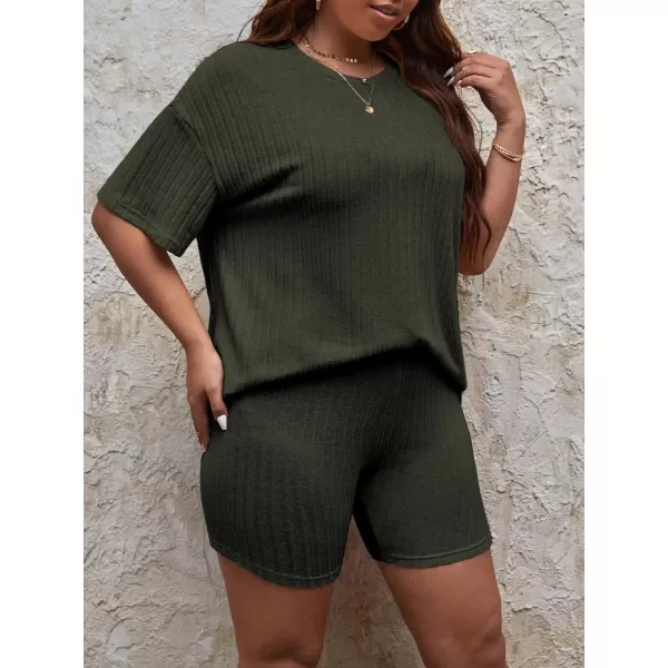 Ekouaer Pajamas 2 Piece Lounge Sets Ribbed Knit Matching Outfits Tshirt Biker Shorts Sleepwear SweatsuitsRegularampPlusShort Sleeve Plusarmy Greensolid