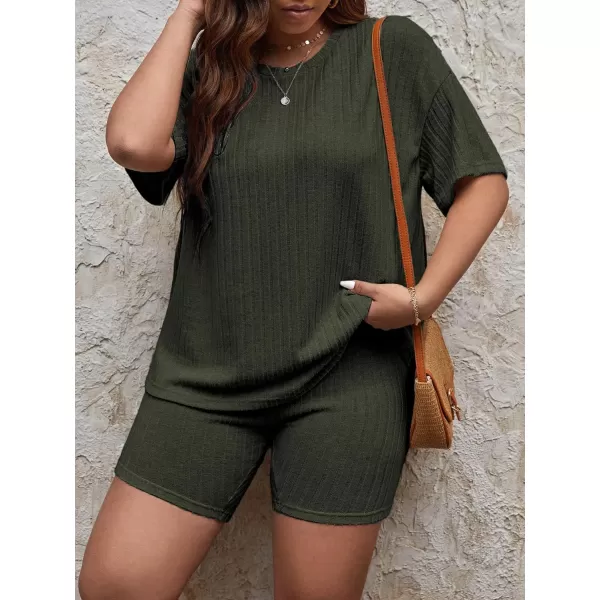 Ekouaer Pajamas 2 Piece Lounge Sets Ribbed Knit Matching Outfits Tshirt Biker Shorts Sleepwear SweatsuitsRegularampPlusShort Sleeve Plusarmy Greensolid