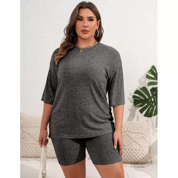 Ekouaer Pajamas 2 Piece Lounge Sets Ribbed Knit Matching Outfits Tshirt Biker Shorts Sleepwear SweatsuitsRegularampPlusShort Sleeve Plusblack Grey