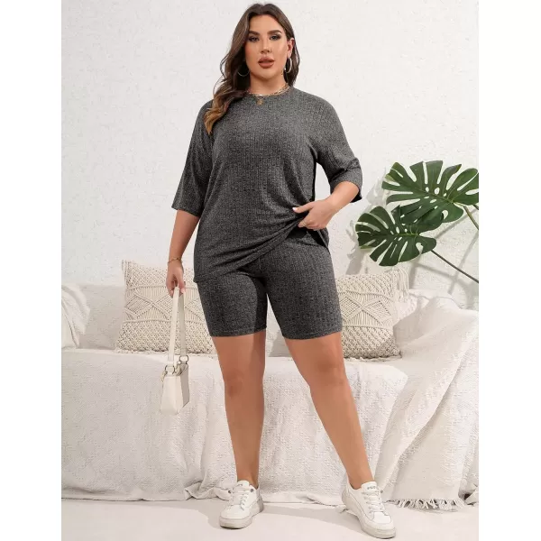 Ekouaer Pajamas 2 Piece Lounge Sets Ribbed Knit Matching Outfits Tshirt Biker Shorts Sleepwear SweatsuitsRegularampPlusShort Sleeve Plusblack Grey