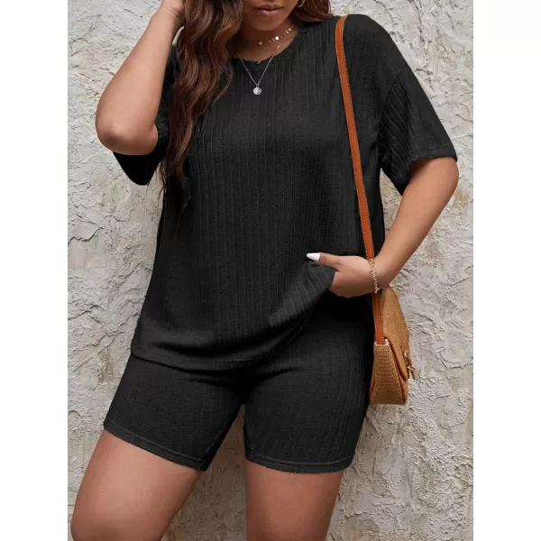 Ekouaer Pajamas 2 Piece Lounge Sets Ribbed Knit Matching Outfits Tshirt Biker Shorts Sleepwear SweatsuitsRegularampPlusShort Sleeve Plusblacksolid