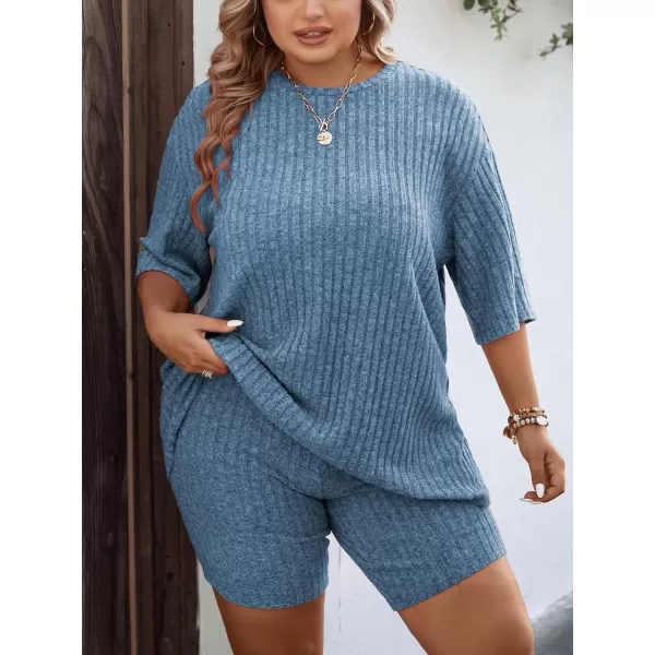 Ekouaer Pajamas 2 Piece Lounge Sets Ribbed Knit Matching Outfits Tshirt Biker Shorts Sleepwear SweatsuitsRegularampPlusShort Sleeve Plusblue