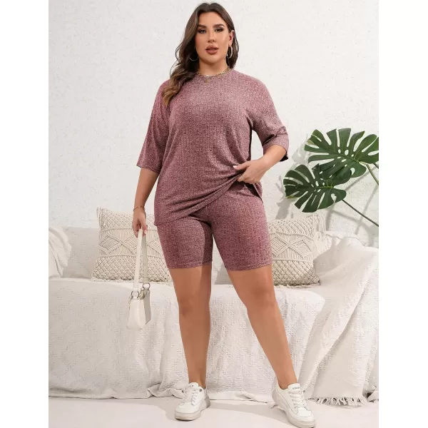 Ekouaer Pajamas 2 Piece Lounge Sets Ribbed Knit Matching Outfits Tshirt Biker Shorts Sleepwear SweatsuitsRegularampPlusShort Sleeve Plusburgundy