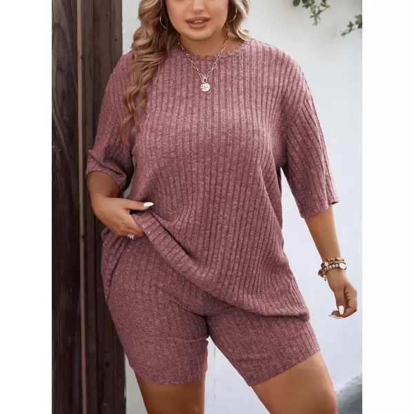 Ekouaer Pajamas 2 Piece Lounge Sets Ribbed Knit Matching Outfits Tshirt Biker Shorts Sleepwear SweatsuitsRegularampPlusShort Sleeve Plusburgundy