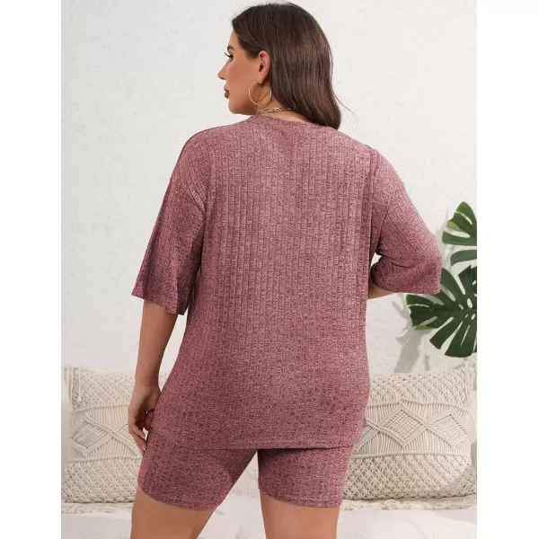 Ekouaer Pajamas 2 Piece Lounge Sets Ribbed Knit Matching Outfits Tshirt Biker Shorts Sleepwear SweatsuitsRegularampPlusShort Sleeve Plusburgundy