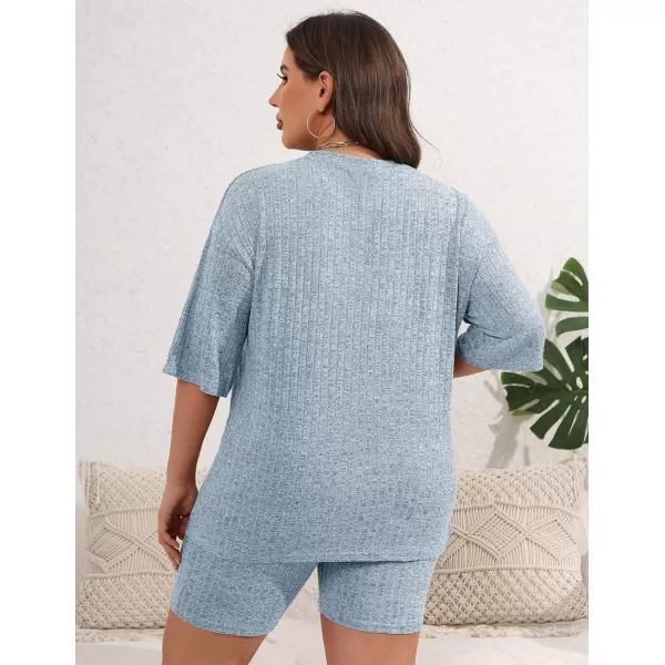 Ekouaer Pajamas 2 Piece Lounge Sets Ribbed Knit Matching Outfits Tshirt Biker Shorts Sleepwear SweatsuitsRegularampPlusShort Sleeve Pluslight Blue