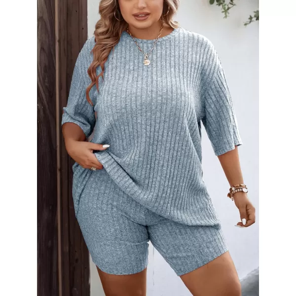 Ekouaer Pajamas 2 Piece Lounge Sets Ribbed Knit Matching Outfits Tshirt Biker Shorts Sleepwear SweatsuitsRegularampPlusShort Sleeve Pluslight Blue