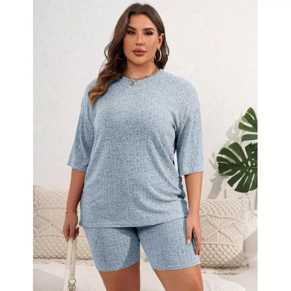 Ekouaer Pajamas 2 Piece Lounge Sets Ribbed Knit Matching Outfits Tshirt Biker Shorts Sleepwear SweatsuitsRegularampPlusShort Sleeve Pluslight Blue