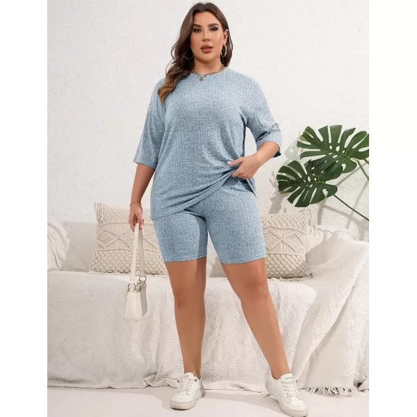 Ekouaer Pajamas 2 Piece Lounge Sets Ribbed Knit Matching Outfits Tshirt Biker Shorts Sleepwear SweatsuitsRegularampPlusShort Sleeve Pluslight Blue