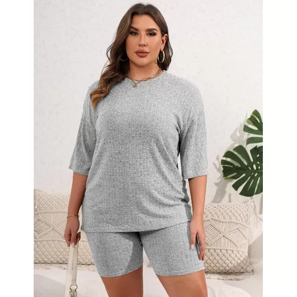 Ekouaer Pajamas 2 Piece Lounge Sets Ribbed Knit Matching Outfits Tshirt Biker Shorts Sleepwear SweatsuitsRegularampPlusShort Sleeve Pluslight Grey