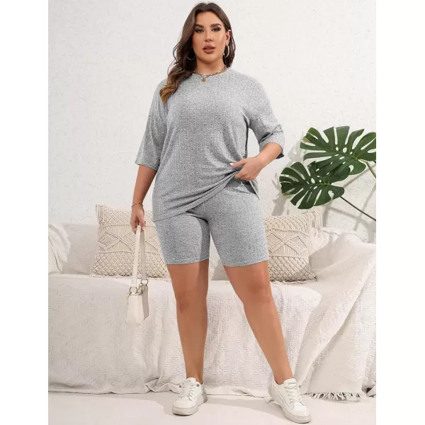 Ekouaer Pajamas 2 Piece Lounge Sets Ribbed Knit Matching Outfits Tshirt Biker Shorts Sleepwear SweatsuitsRegularampPlusShort Sleeve Pluslight Grey