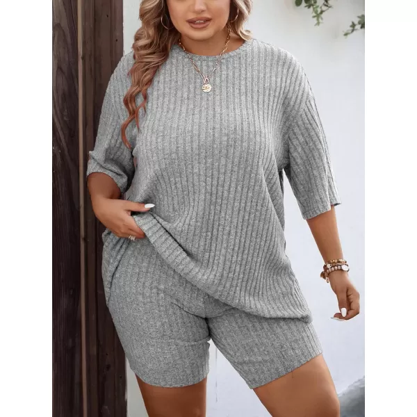 Ekouaer Pajamas 2 Piece Lounge Sets Ribbed Knit Matching Outfits Tshirt Biker Shorts Sleepwear SweatsuitsRegularampPlusShort Sleeve Pluslight Grey