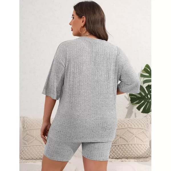 Ekouaer Pajamas 2 Piece Lounge Sets Ribbed Knit Matching Outfits Tshirt Biker Shorts Sleepwear SweatsuitsRegularampPlusShort Sleeve Pluslight Grey