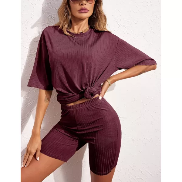 Ekouaer Pajamas 2 Piece Lounge Sets Ribbed Knit Matching Outfits Tshirt Biker Shorts Sleepwear SweatsuitsRegularampPlusShort Sleeve Wine Redsolid