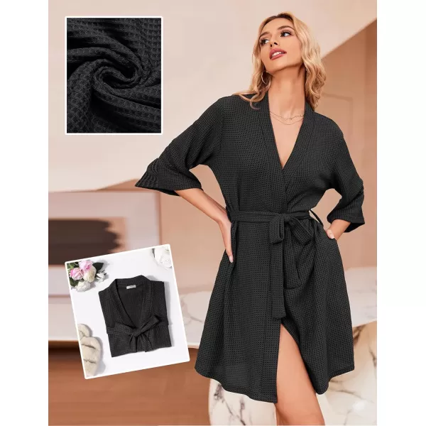 Ekouaer Robes for Women Waffle Knit Bathrobe Soft Lightweight Knee Length Loungewear SXXLBlack