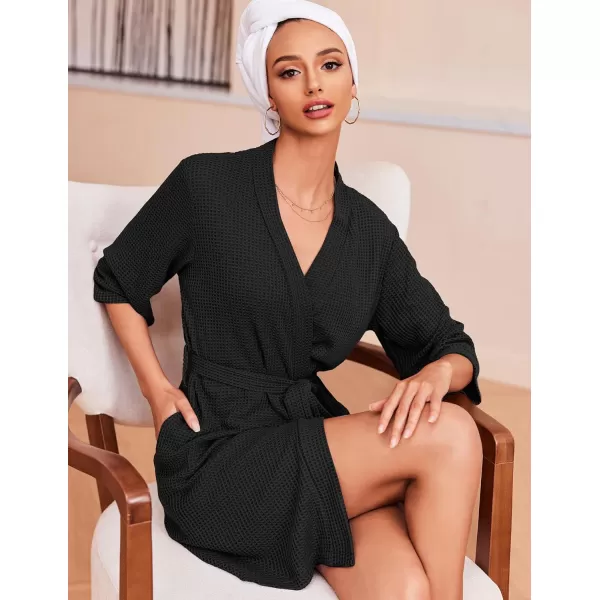 Ekouaer Robes for Women Waffle Knit Bathrobe Soft Lightweight Knee Length Loungewear SXXLBlack