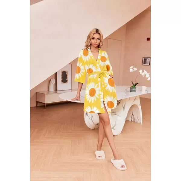 Ekouaer Robes for Women Waffle Knit Bathrobe Soft Lightweight Knee Length Loungewear SXXLFloral Yellow