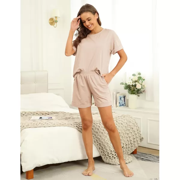 Ekouaer Shorts Pajama Set for Women Soft Casual Lounge Sets Short Sleeve 2 Piece Outfits with Pockets SXXXLChampagne