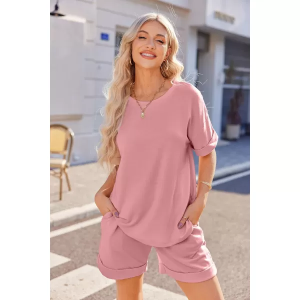 Ekouaer Shorts Pajama Set for Women Soft Casual Lounge Sets Short Sleeve 2 Piece Outfits with Pockets SXXXLPink