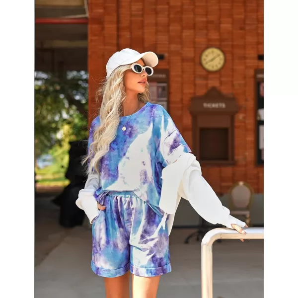 Ekouaer Shorts Pajama Set for Women Soft Casual Lounge Sets Short Sleeve 2 Piece Outfits with Pockets SXXXLPurple Tie Dye