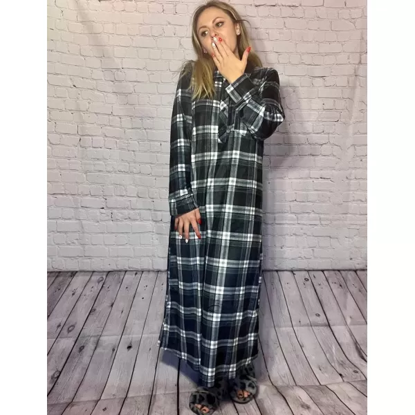 Ekouaer Women Flannel Nightgown Full Length Boyfriend Nightshirt Plaid Long Sleep Dress with Button Loungewear SXXLNavy Blue Plaid