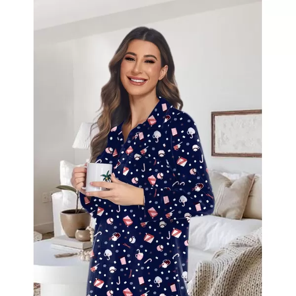 Ekouaer Women Flannel Nightgown Full Length Boyfriend Nightshirt Plaid Long Sleep Dress with Button Loungewear SXXLNavy Christmas Print