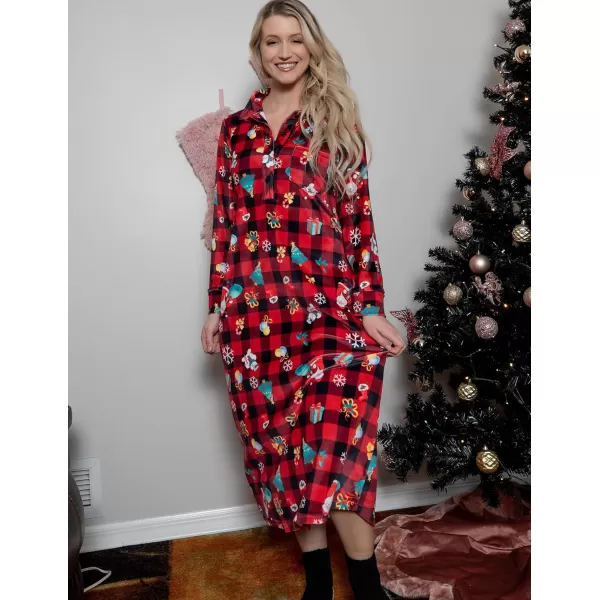 Ekouaer Women Flannel Nightgown Full Length Boyfriend Nightshirt Plaid Long Sleep Dress with Button Loungewear SXXLRed Christmas Print