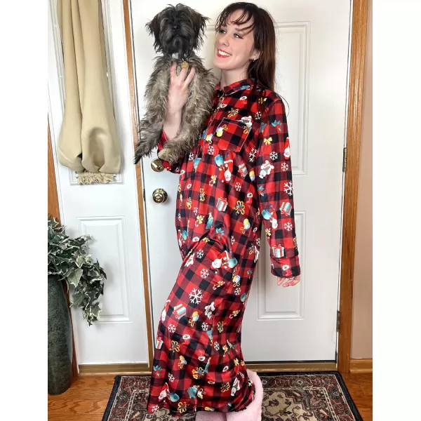 Ekouaer Women Flannel Nightgown Full Length Boyfriend Nightshirt Plaid Long Sleep Dress with Button Loungewear SXXLRed Christmas Print