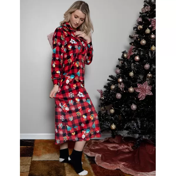 Ekouaer Women Flannel Nightgown Full Length Boyfriend Nightshirt Plaid Long Sleep Dress with Button Loungewear SXXLRed Christmas Print