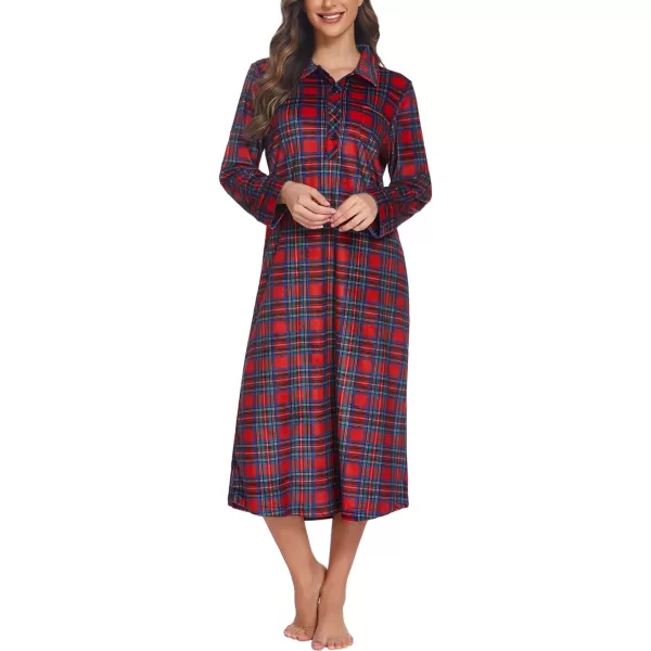 Ekouaer Women Flannel Nightgown Full Length Boyfriend Nightshirt Plaid Long Sleep Dress with Button Loungewear SXXLRed Plaid