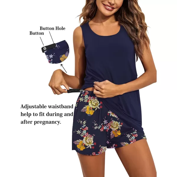 Ekouaer Women Maternity Nursing Pajama Set Breastfeeding Double Layer Tank Top amp Shorts with Pockets Pregnancy PJSBfloral Navy Blue