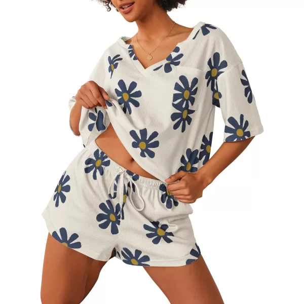 Ekouaer Women Pajama Sets Waffle Knit Lounge Sets Short Sleeves Crop Top 2 Piece Pj Shorts SetAfloral Beige