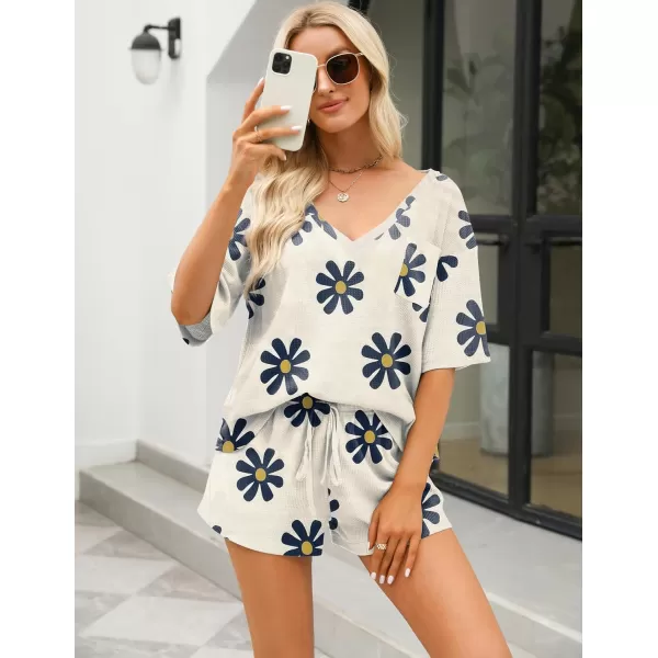 Ekouaer Women Pajama Sets Waffle Knit Lounge Sets Short Sleeves Crop Top 2 Piece Pj Shorts SetAfloral Beige
