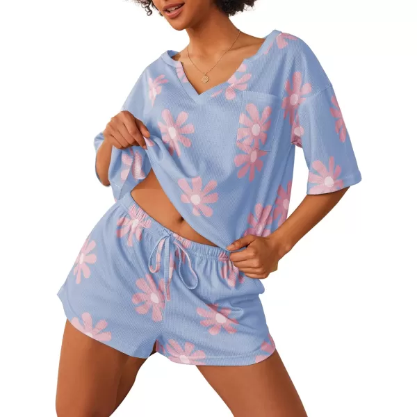 Ekouaer Women Pajama Sets Waffle Knit Lounge Sets Short Sleeves Crop Top 2 Piece Pj Shorts SetAfloral Blue