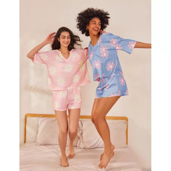 Ekouaer Women Pajama Sets Waffle Knit Lounge Sets Short Sleeves Crop Top 2 Piece Pj Shorts SetAfloral Blue