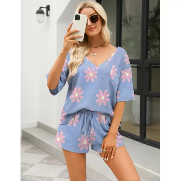 Ekouaer Women Pajama Sets Waffle Knit Lounge Sets Short Sleeves Crop Top 2 Piece Pj Shorts SetAfloral Blue