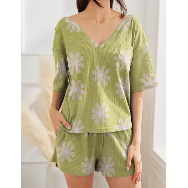 Ekouaer Women Pajama Sets Waffle Knit Lounge Sets Short Sleeves Crop Top 2 Piece Pj Shorts SetAfloral Green