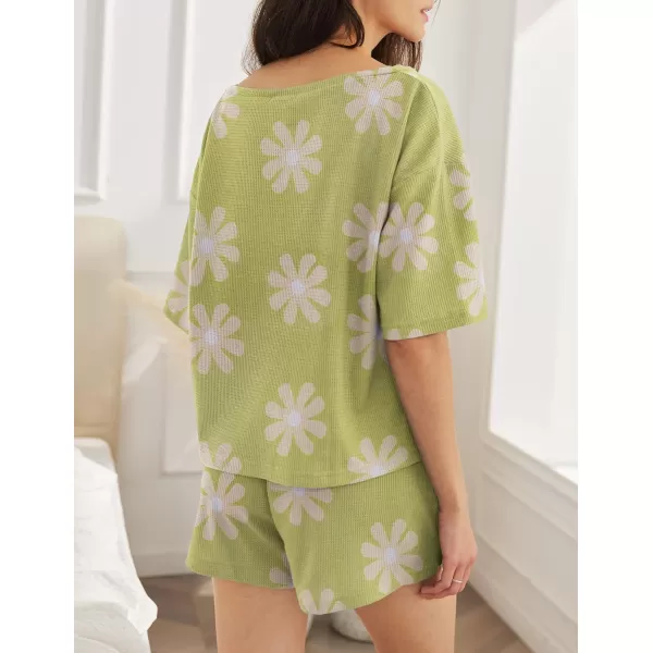 Ekouaer Women Pajama Sets Waffle Knit Lounge Sets Short Sleeves Crop Top 2 Piece Pj Shorts SetAfloral Green