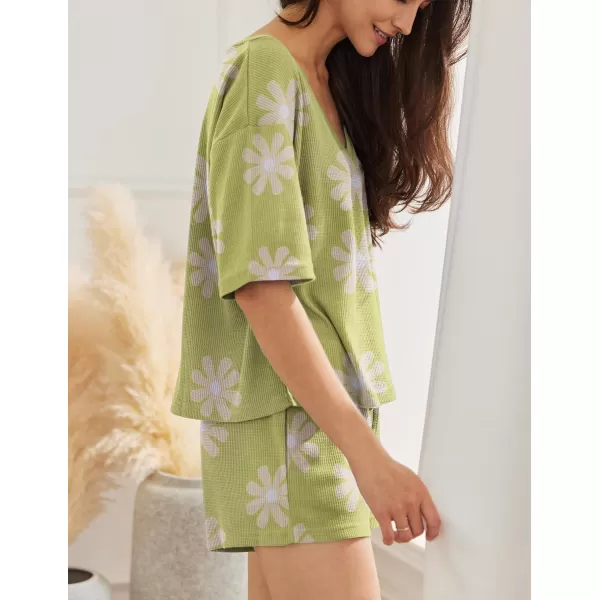 Ekouaer Women Pajama Sets Waffle Knit Lounge Sets Short Sleeves Crop Top 2 Piece Pj Shorts SetAfloral Green