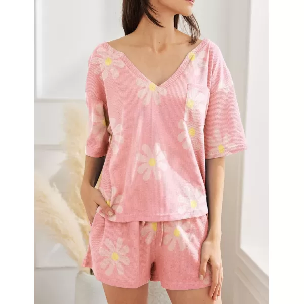 Ekouaer Women Pajama Sets Waffle Knit Lounge Sets Short Sleeves Crop Top 2 Piece Pj Shorts SetAfloral Pink