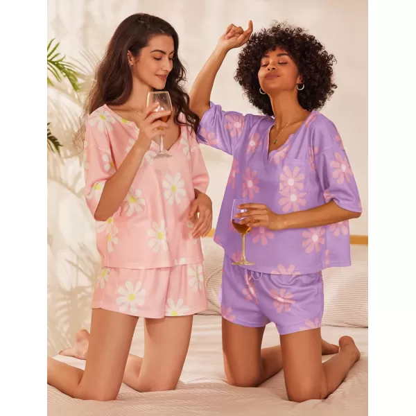 Ekouaer Women Pajama Sets Waffle Knit Lounge Sets Short Sleeves Crop Top 2 Piece Pj Shorts SetAfloral Purple