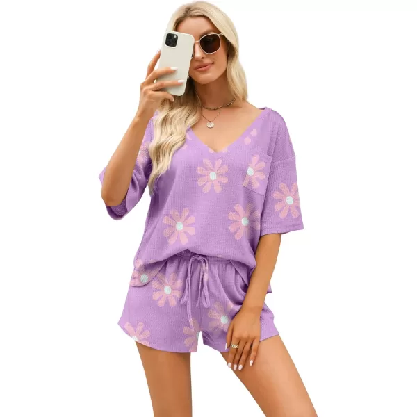 Ekouaer Women Pajama Sets Waffle Knit Lounge Sets Short Sleeves Crop Top 2 Piece Pj Shorts SetAfloral Purple