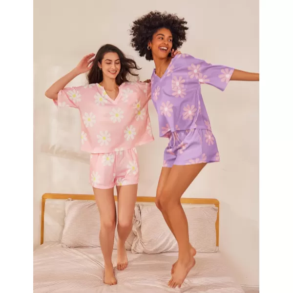 Ekouaer Women Pajama Sets Waffle Knit Lounge Sets Short Sleeves Crop Top 2 Piece Pj Shorts SetAfloral Purple