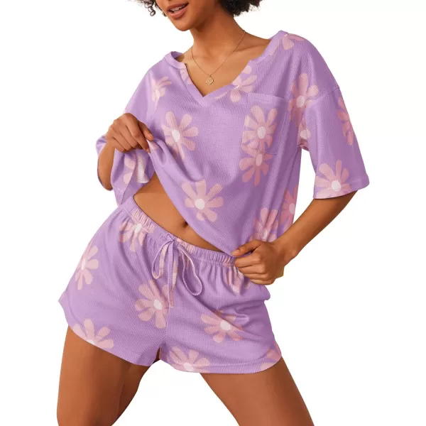 Ekouaer Women Pajama Sets Waffle Knit Lounge Sets Short Sleeves Crop Top 2 Piece Pj Shorts SetAfloral Purple